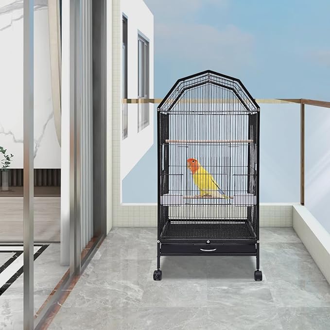 Extra Large Bird Cage 54Inch Wrought Iron Bird Cage with Rolling Stand Metal Parrot Cage with Open Play Top Perch Stand for Conures Lovebirds Cockatiels Finches (Black 3)