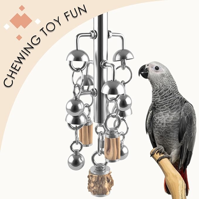 KATUMO Large Bird Toys, Natural Wooden and 304 Stainless Steel Bell Toy for Parrots, 1.46 LB Heavy Birds Cage Toy for Amazon Parrot, African Greys, Budgies, Lovebirds, Cockatiels,Cockatoo