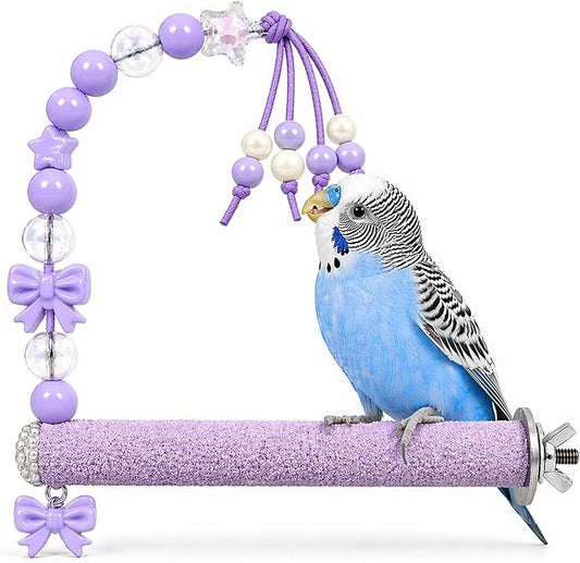 Bird Parrot Perch with Beads and Bow Chew Toy,Cage Platform Toy and Exercise Accessories for Budgies Parakeets Cockatiels Conures and Lovebirds (Purple)