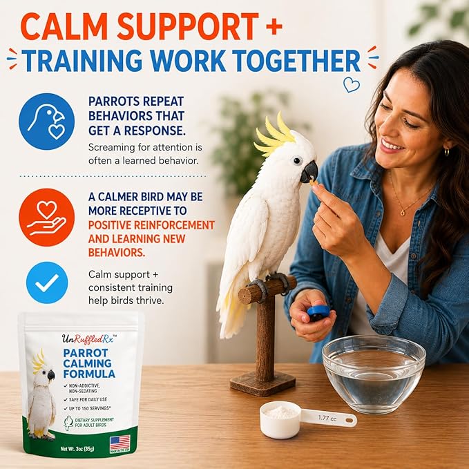 UnRuffledRx™ Calming Formula for Parrots – Bird Supplement that Supports Relaxation During Stressful Events Like Fireworks, Travel, and Visitors – 150 Servings – Made in USA