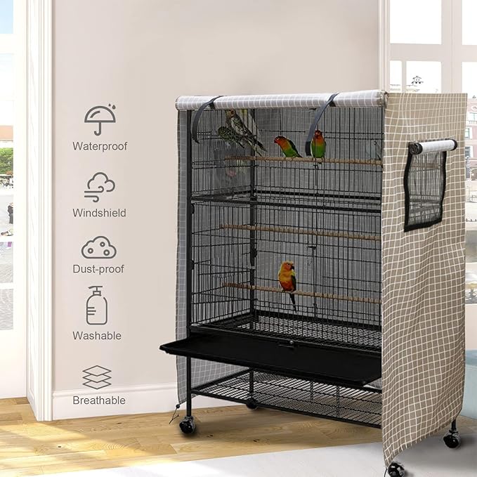 Ymiko Birdcage Cover Universal Windproof Cage Cover with Side Window Light Blocking for Large Bird Cages Hamster Cages Cat Cages Dog Cages (Brown)