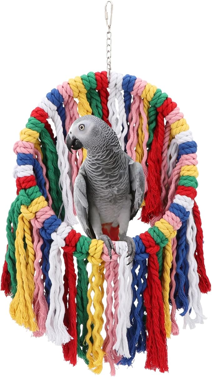 Wontee Bird Rope Chewing Toys Parrot Cage Bite Toys Colorful Hanging Ring Swing Perch for Cockatiel Conure Quaker African Grey Amazon Parrots