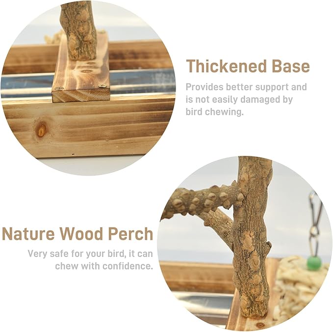 LIMIO Natural Wood Bird Toys Playground, Bird Cage Accessories, Bird Perches, with Removable Tray and 2 Stainless Steel Cups
