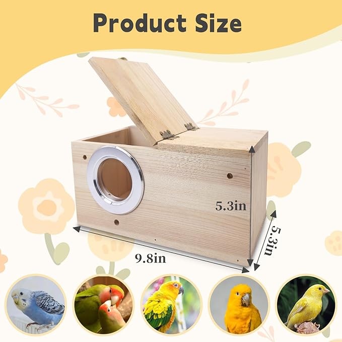 PINVNBY Parakeet Nesting Box, Detachable Board Acrylic Bird House for Cage with Coconut Fiber, Natural Wood Breeding Box for Cockatiel Budgie Lovebirds Conure Finch Parrot (M: 9.8 * 5.3 * 5.3 inch)