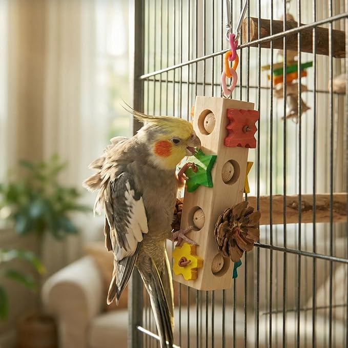 Natural Wood Parrot Chew Toys, 3 Pack Hanging Bird Foraging Toy with Wooden Blocks, Pine Cones & Climbing Rings, Bird Cage Accessories for Parakeet, Cockatiel, Macaw, African Grey Parrot