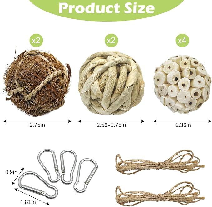 BNOSDM 8PCS Natural Bird Chew Toys Sola Balls Shred Toy Lightweight Conure Foot Toy Interactive Parrot Foraging Toys Bird Chew Balls with Hemp Rope Hook for Budgies Cockatiels Parakeets Senegal