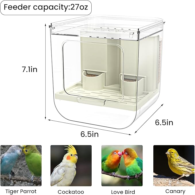 No Mess Automatic Bird Feeder,Multifunctional Parrot Seed Feeders,Transparent Seed Food Container,Bird Cage Accessories for Canaries Budgies Lovebirds Conures Cockatiels