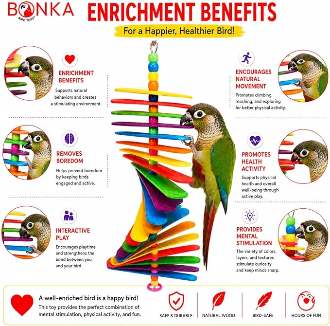 Bonka Bird Toys 867 Big Stick 9.5" Colored Wooden Plastic Spinning Chew Toy for Medium Birds Cage Enrichment Conure Amazon Eclectus and Similar