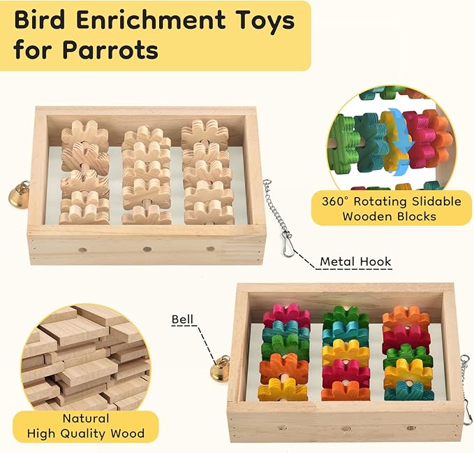 DBNESS 2Pcs Bird Toys for Parrots, Hanging Parrot Chew Toy, Natural Wooden Chewing Puzzle Training Blocks Intellectual Development for Parakeets Cokatiels Cockatoo African Grey Amazon Macaw