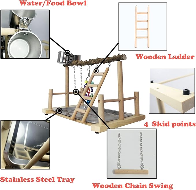 kathson Bird Playground,Parrots Play Gym,Parakeet Play Stand with Prickly Ash Wood Perch,Cockatiel Playstand with Feeder Cups and Exercise Toys,Birds Perch Stand for Budgie Conures Cockatoos Lovebirds
