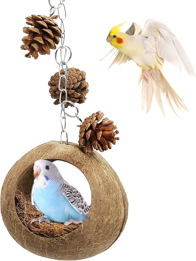 PINVNBY Natural Coconut Shells Bird Nest, Double-Opening Bird House with Coir Fiber Outdoor Hanging Coco Hide Hummingbird Nest for Small-Sized Budgies Canaries and Sugar Gliders