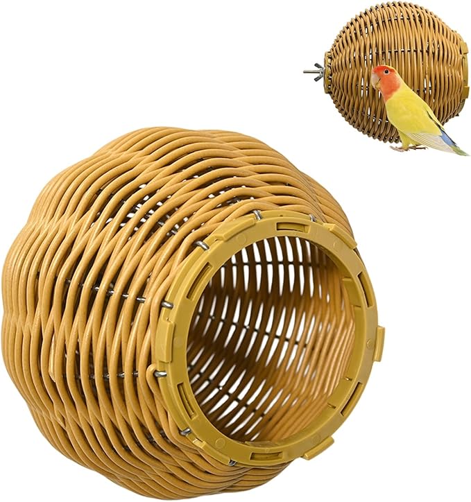 Imitation Rattan Bird Nest for Cage, Chew Resistant Parrot Nest House with Metal Frame, Egg Laying and Breeding Nest for Small Birds, Suitable for Budgies, Lovebirds, Cockatiels, Parakeets