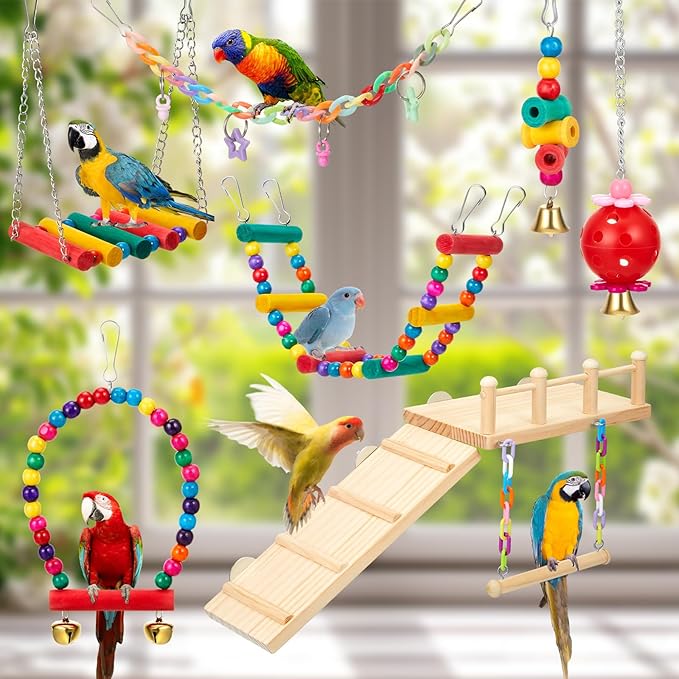 12 Pcs Parakeet Cockatiel Bird Toys, Parrot Swing Chewing Hanging Toys, Colorful Style Parrots Cage Accessories, Interactive Chew & Climb Play Set (Basic Style)