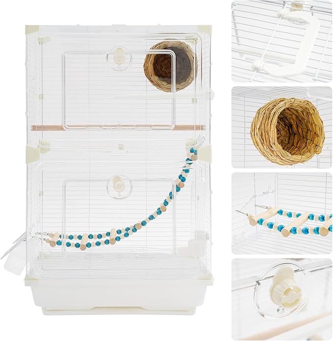 2-Door Wrought Iron Bird Cage Parakeet Cage with Handles, 25" H Parrot Cage Pet Birds Flight Cage, 360° View Interactive Birdcages Bird House Travel Cages for 1-3 Birds (Transparent)