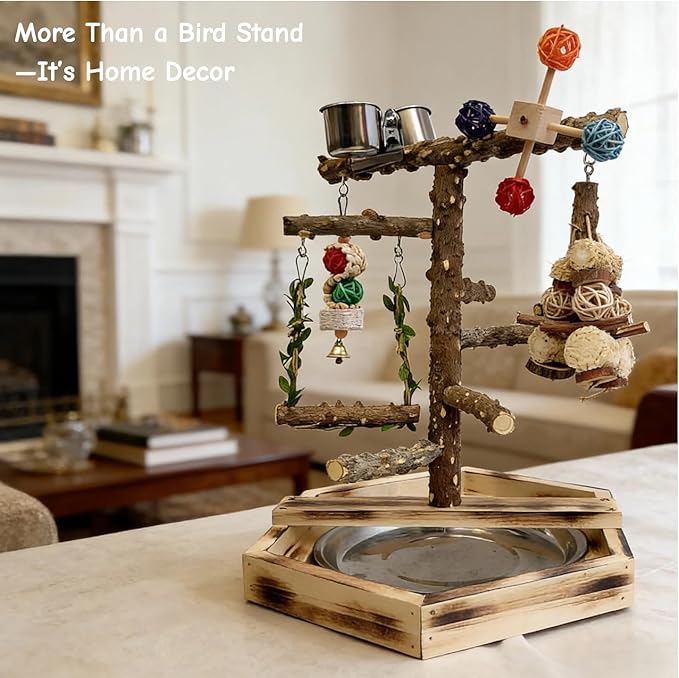 Natural Pepper Wood Bird Play Stand with Stainless Steel Bowls, Handmade Parrot Perch Gym with Chewing Toys & Bell, Tabletop Training Stand for Small to Medium Birds