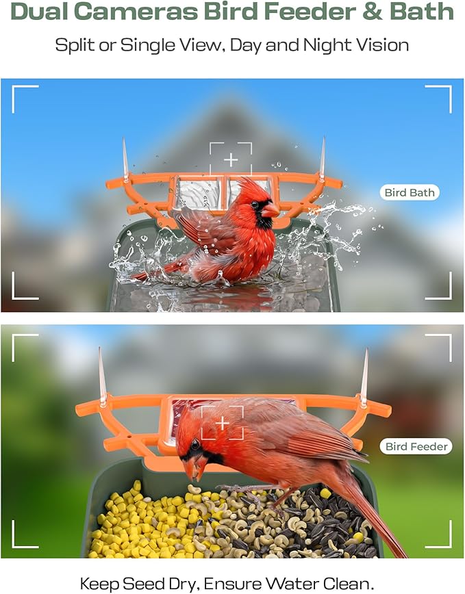 Bird Feeder with Camera and Bird Bath for Outdoors, Dual-Lens 2K HD Video with AI Identification, Solar Powered, Instant Alerts, IP66 Weatherproof