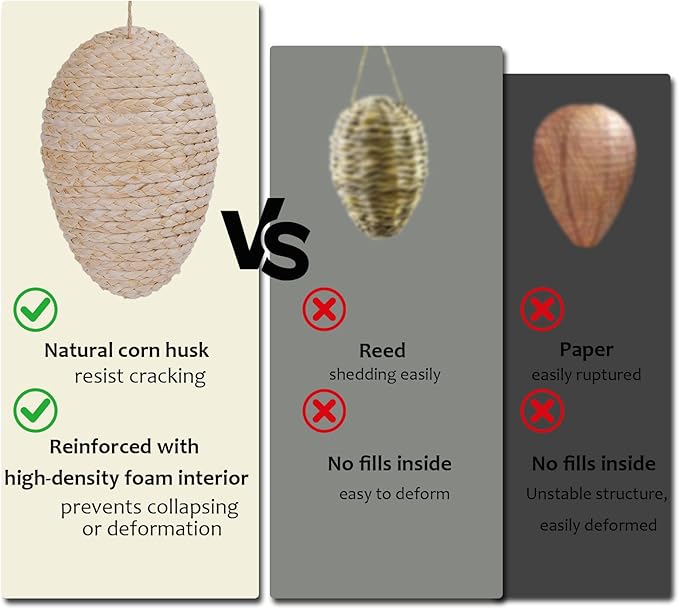 Brownlily 2 Pack Woven Corn Husk Hornet Nest - Non-Collapsing Foam Support, Waterproof Hanging Decoy for Garden, Yard, Deck Decor - Braided