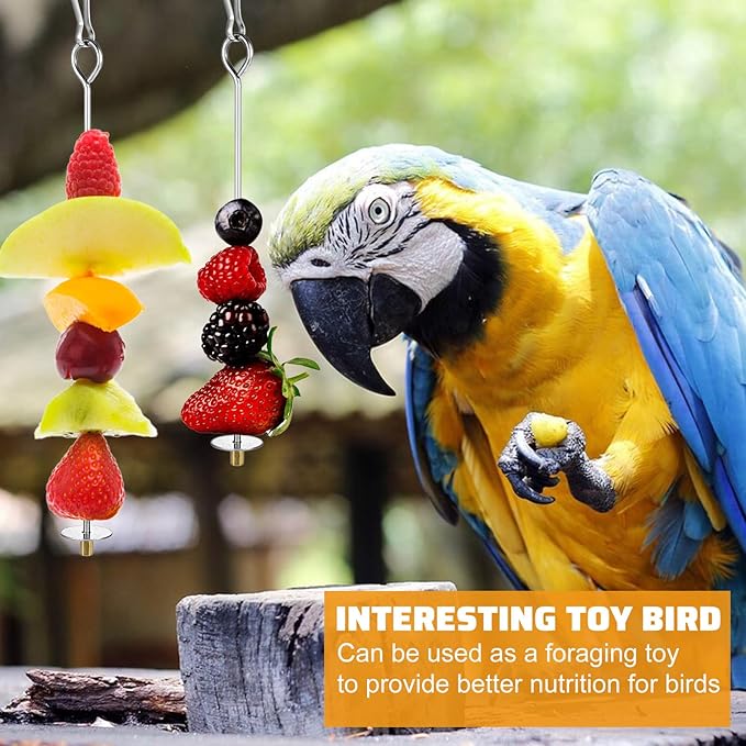Nogeqi 4PCS Bird Cage Food Holder with Hook, Stainless Steel Bird Feeder for Cage, Parrot Fruit Skewers, Birds Foraging Toys for Macaw Parakeet Parrot Budgie (2 Sizes)