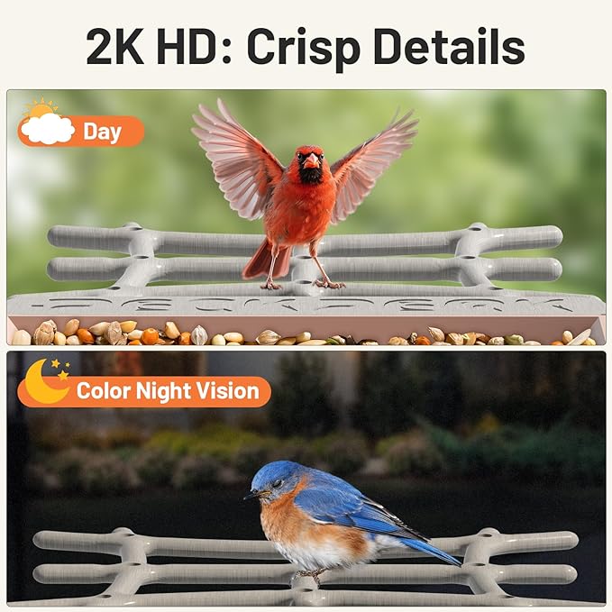 Smart Bird Feeder with Camera Solar Powered Outdoor - 2K HD Live Video, AI Bird ID (11,000+ Species), Squirrel-Proof, Instant Alerts & IP65 Weatherproof Outside, Great Gift for Birdlovers,Light Camel