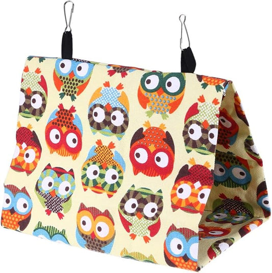 ULTECHNOVO Parrot Nest, Bird Nest Hut Hanging Parrot Sleep Nest Tent Canvas Triangle Habitat Cave Owl Printing Pattern for Parrot Parakeet Cockatiels Pet Animal- L