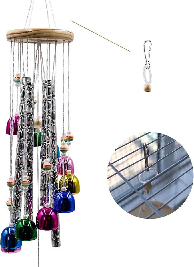 Parakeet Toys with Colorful Bells and Shining Sticks, Bird Cage Accessories Wind Chimes for Chewing, Chew Toys for African Grey, Budgies, Cockatiels, Lovebirds, Conures, Quakers, Small to Medium Birds
