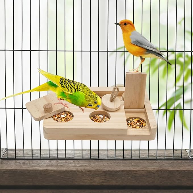 Wooden Bird Foraging Puzzle Toys for Small Parrots, Foraging Toys for Birds, Interactive Mental Enrichment and Seed Feeder Toy for Budgies, Parrotlets, Cage Foraging Training Toy (7.2" x 5.4" x 1.3")