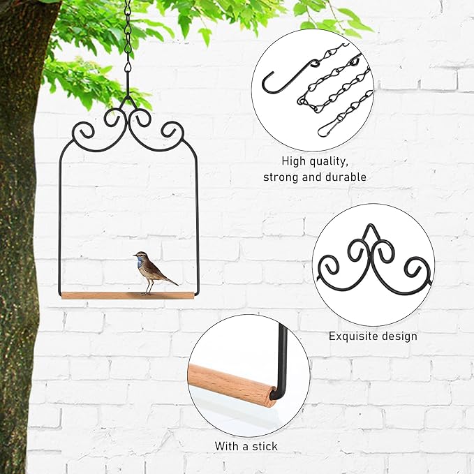 3 Pcs Hummingbird Swings and Perches Wild Bird Swing Metal Frame with 3 Hanging Chain and Wooden Dowel Hummingbird Swings for Outdoors Hanging, Outdoor, Trunk, Lawn, Patio, Garden, 3 Styles
