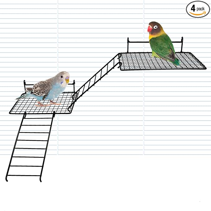 BNOSDM 4 PCS Bird Perches Platform, Stainless Steel Grid Platform for Parakeet Parrot Stand with Climbing Ladder Bird Cage Accessories for Small to Large Birds (Black)