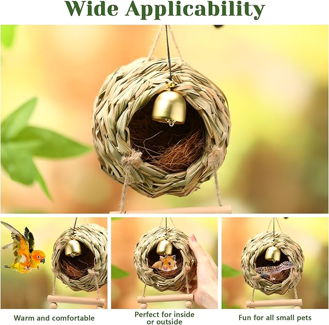 Briwooody Hanging Bird Nest for Cage with Ladder Bell Natural Coir Fiber, Grass Hand Woven Hummingbird Finch House for Outside Breeding Nest Parakeet Bed for Budgie Canary Parrot Patio Lawn Garden