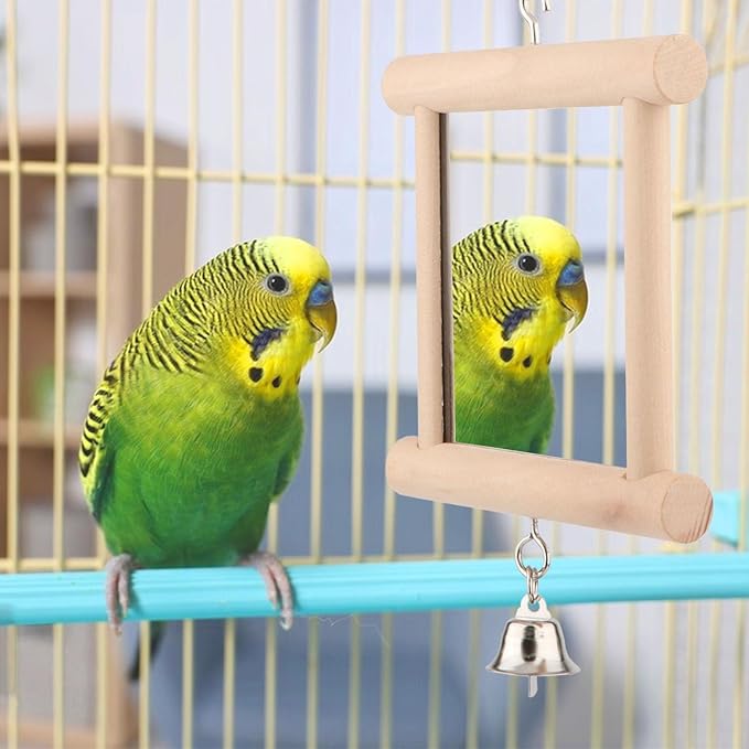 Wontee Bird Mirror Bird Toys for Budgies Parakeets Cockatiels Lovebirds Conures (Wood color-2pcs)