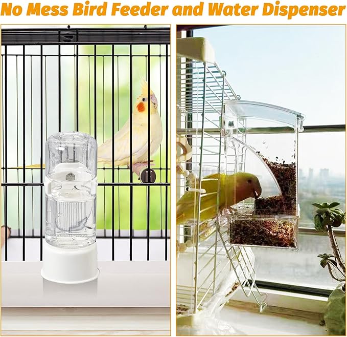 BNOSDM No Mess Bird Feeder Water Dispenser Set Automatic Parrot Feeder Drinker Transparent Food Container 3 Pcs Parakeet Cage Accessories for Cockatiel, Budgies, Conure, Lovebird, Finch (Transparent)