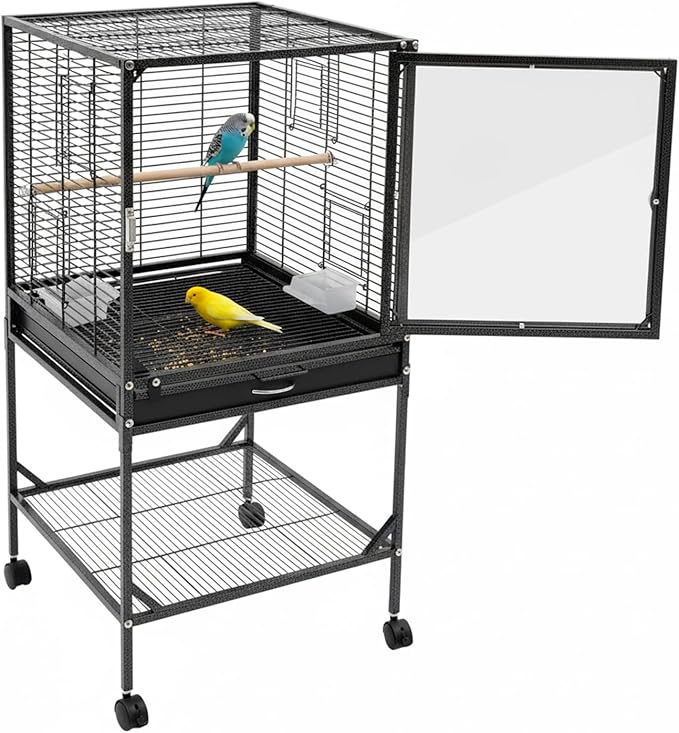 Extra Large Bird Cage 54Inch Wrought Iron Bird Cage with Rolling Stand Metal Parrot Cage with Open Play Top Perch Stand for Conures Lovebirds Cockatiels Finches (Black 2)