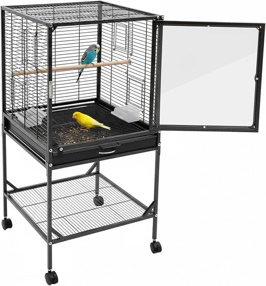 Extra Large Bird Cage 54Inch Wrought Iron Bird Cage with Rolling Stand Metal Parrot Cage with Open Play Top Perch Stand for Conures Lovebirds Cockatiels Finches (Black 2)