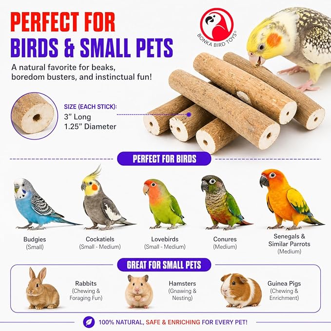 Bonka Bird Toys 1211 Pk6 Natural Bark Sola Sticks, 6-Pack, 3" Long, 1.25" Diameter, Soft Chew and Foraging Toy for Birds, Parrots, Parakeets, Cockatiels, Lightweight, Natural, Safe, Eco-Friendly