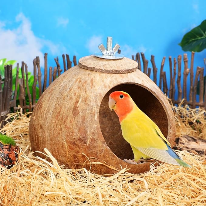 POPETPOP Natural Coconut Fiber Hanging Birdhouse for Cage - Coconut Shell Pet Bird Nest, Hanging Bird Breeding Nest for Parrot Parakeet Lovebird Finch Canary