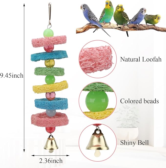 Hypeety Bird Toys Parrot Hanging Chew Toys Natural Colorful Loofah Shred and Preen Swing Bird Bell Cage Parrot Toys