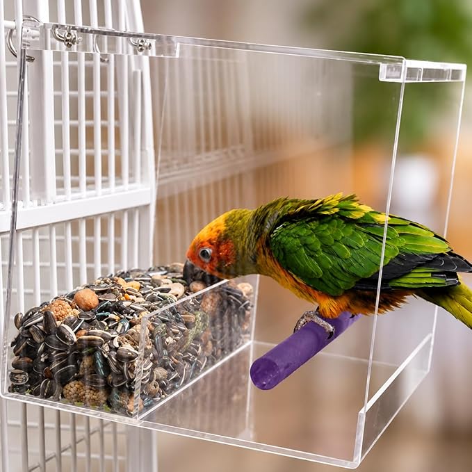 Bonka Bird Toys Large Tweeky Clean Bird Seed Feeder, 7.87" H x 7.75" W x 7.87" D, Durable Plastic with Textured Perch, Ideal for Medium to Large Bird Breeds, Indoor/Outdoor Cage Use