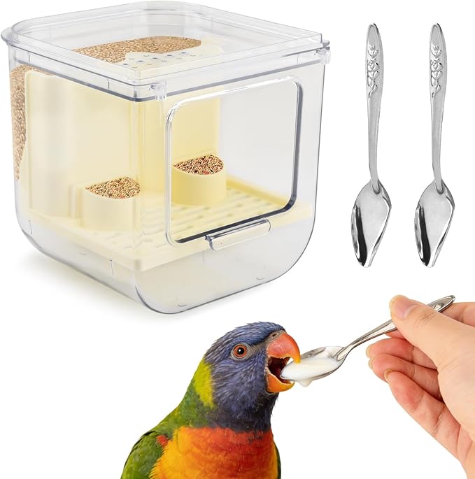 Automatic Bird Feeder with 2 Spoons, No Mess Bird Feeder for Cage, Transparent Bi-rd Cage Accessories for Parakeet Canary Cockatiel Finch(Color:White)