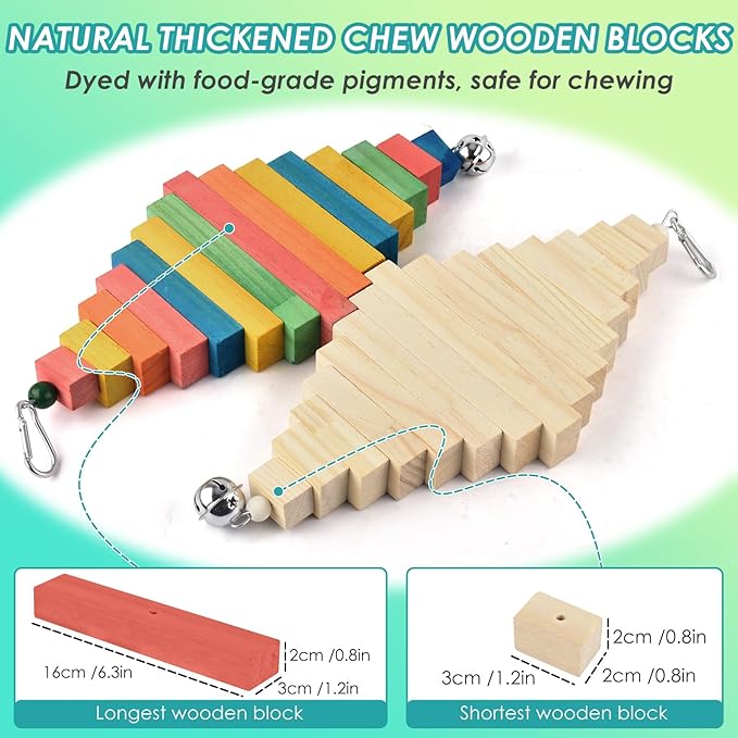 DBNESS 2 Pcs Bird Toys, 15.94in Large Parrot Foraging Toys for Beak Grinding, Wooden Block Bird Chewing Toys for Macaws Eclectus Cockatoo African Greys Amazon Parrots
