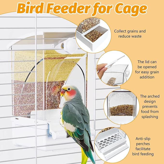 BNOSDM No Mess Bird Feeder Transparent Automatic Bird Cage Feeder with Perch Acrylic Parrot Food Container Parakeet Cage Accessories for Parakeets, Budgies, Cockatiel, Finch, Canary, Lovebird (White)