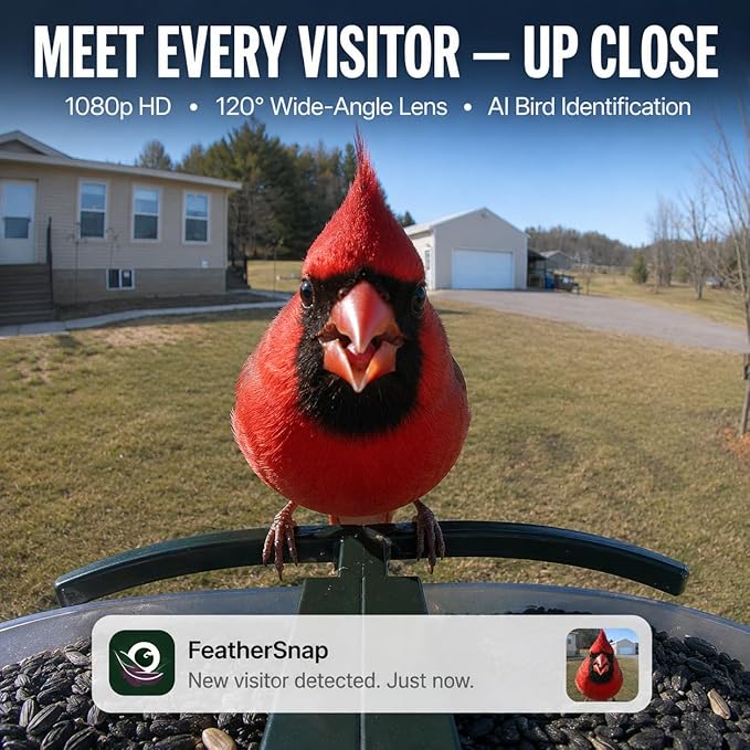 FeatherSnap Smart Bird Feeder with Camera – Solar Powered, AI Bird ID, 1080p HD Night Vision – Pole, 2 Seed Bags, 32GB SD Card & Cleaning Cloth