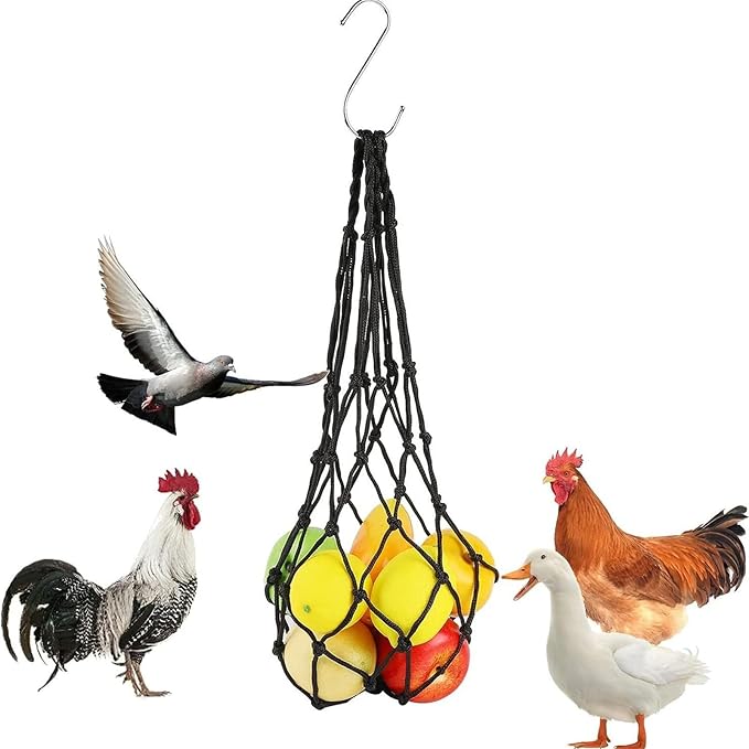 Chicken Vegetable Hanging Feeder, Chicken Vegetable String Bag, Poultry Fruit Holder Chicken Cabbage Feeder Treat Feeding Tool with S Hook for Hens Chicken Coop Toy for Hen Duck Accessories