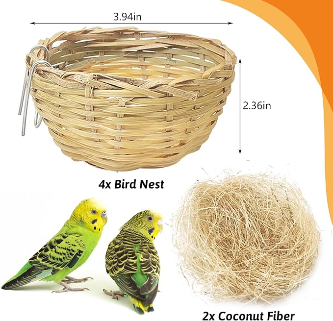VCEPJH Handmade Bird Nest for Cage 4 Pack Bamboo Canary Breeding Nest with Hook Finch Nesting Hatching House with Fiber Liner for Littile Finch Parakeet Cockatiel Budgie