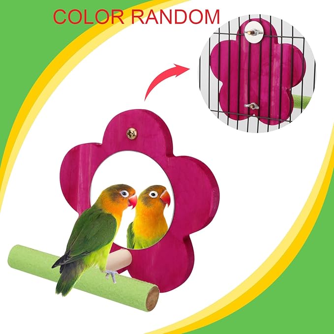 Hypeety Bird Mirror Toy with Perch Cage Standing Accessories Parrot Parakeet Budgies Cockatiel Conure Finch Lovebird African Grey Macaw Amazon Cockatoo Birdcage Wood Perch(Color Random) (Flower Shape)