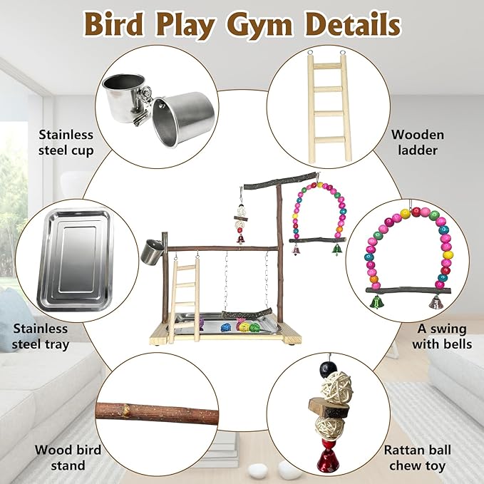 Bird Playground Parrot Playstand Parakeet Gym Playpen Cockatiel Play Stand Wood Perch Exercise Activity Center Ladders Feeder Cups Cage Accessories Swing Chew Toys for Cockatoo Budgie Lovebird Finch