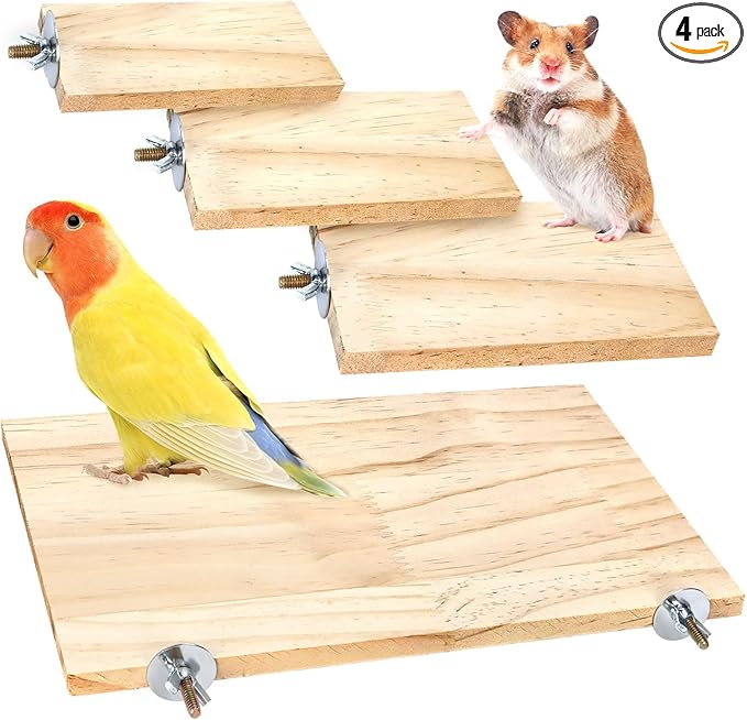 4-Size Bird Platforms with Wood Perches and Stand Boards - Habitat Cage Corner Shelves with Stainless Steel Washers - Ideal for Parrots, Cockatiels & Small Pets like Hamsters, Gerbils & Chi