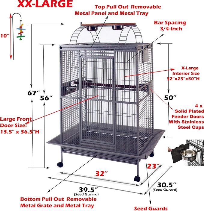 Extra Large Castle PlayTop Parrot Cage 32" W x 23" L x 66" H for Large Size Macaws Cockatoos African Grey Amazon (White Vein)
