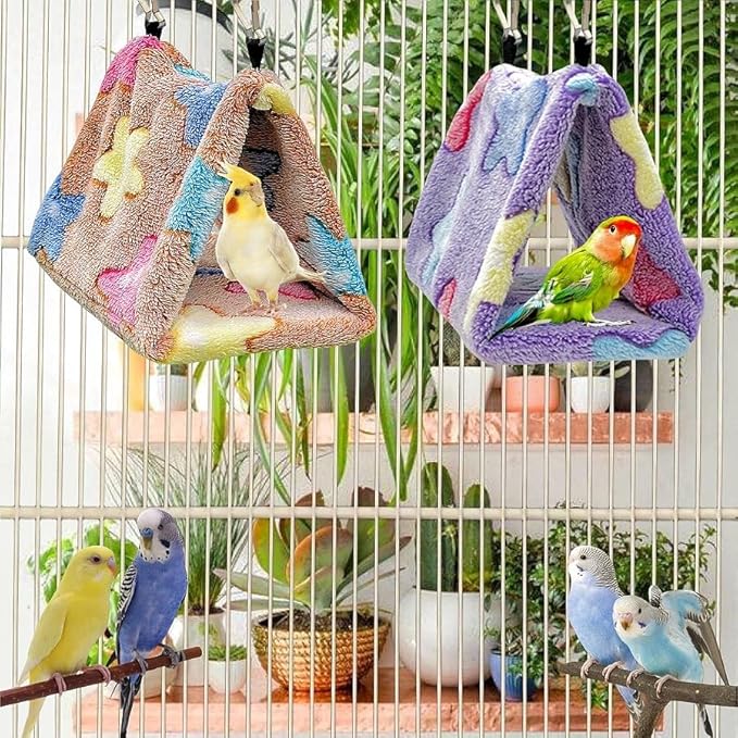 2 Pack Bird Nest Plush Snuggle Bird Hammock Hanging Bird Cave Parrot Sleeping Bed Shed Hut Hanging Tent for Budgies Finch Parakeet Cockatiel Cockatoo Lovebird-Star Pattern (Brown&Purple)