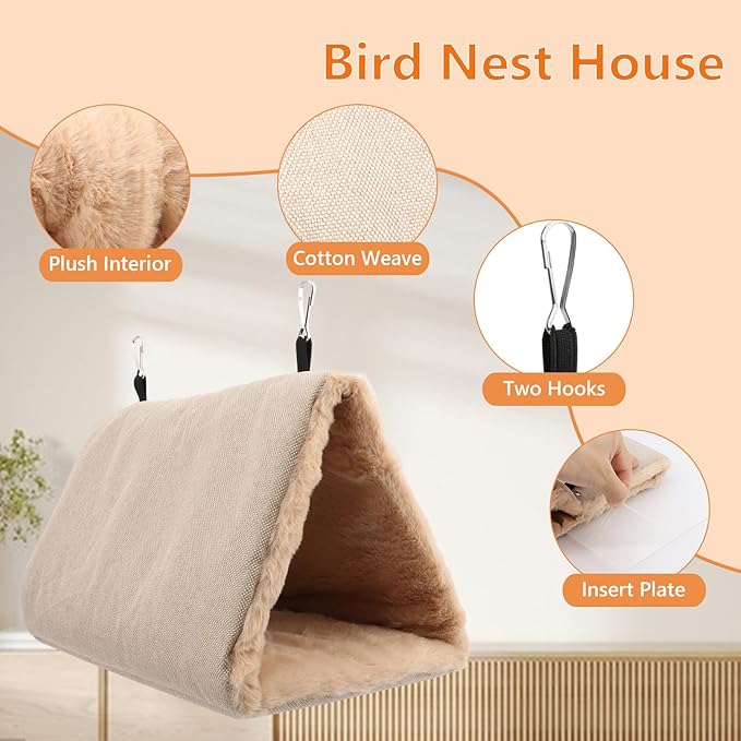 Litewoo Winter Warm Bird Nest House Hanging Hammock Shed Hut Cotton Parrot Sleeping Bed Plush Double Access Birds Hut Hideaway Tent for Parrot Parakeet Cockatiel Cockatoo Budgie Lovebirds (L/Beige)