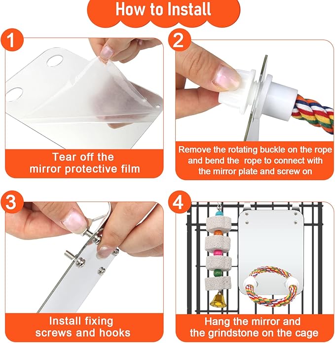 Catcan Bird Cage Mirror, Bird Mirror with Perch Rope for Cage Cockatiels Cotton Rope Standing Bar Parrot Mirror with Parrot Molar Toy Pendant